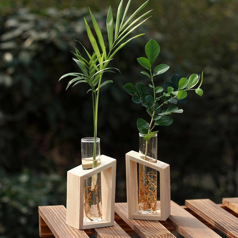 Hot Sale Crystal Glass Test Tube Vase in Wooden Stand Flower Pots for Hydroponic Plants Home Garden Decoration 