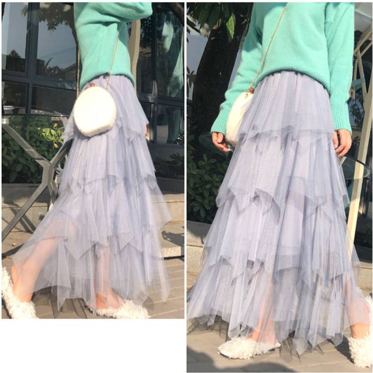 Women irregular Tulle Skirts Fashion Elastic High Waist Mesh Tutu Skirt Pleated Long Skirts Midi Skirt Saias Faldas Jupe Femmle